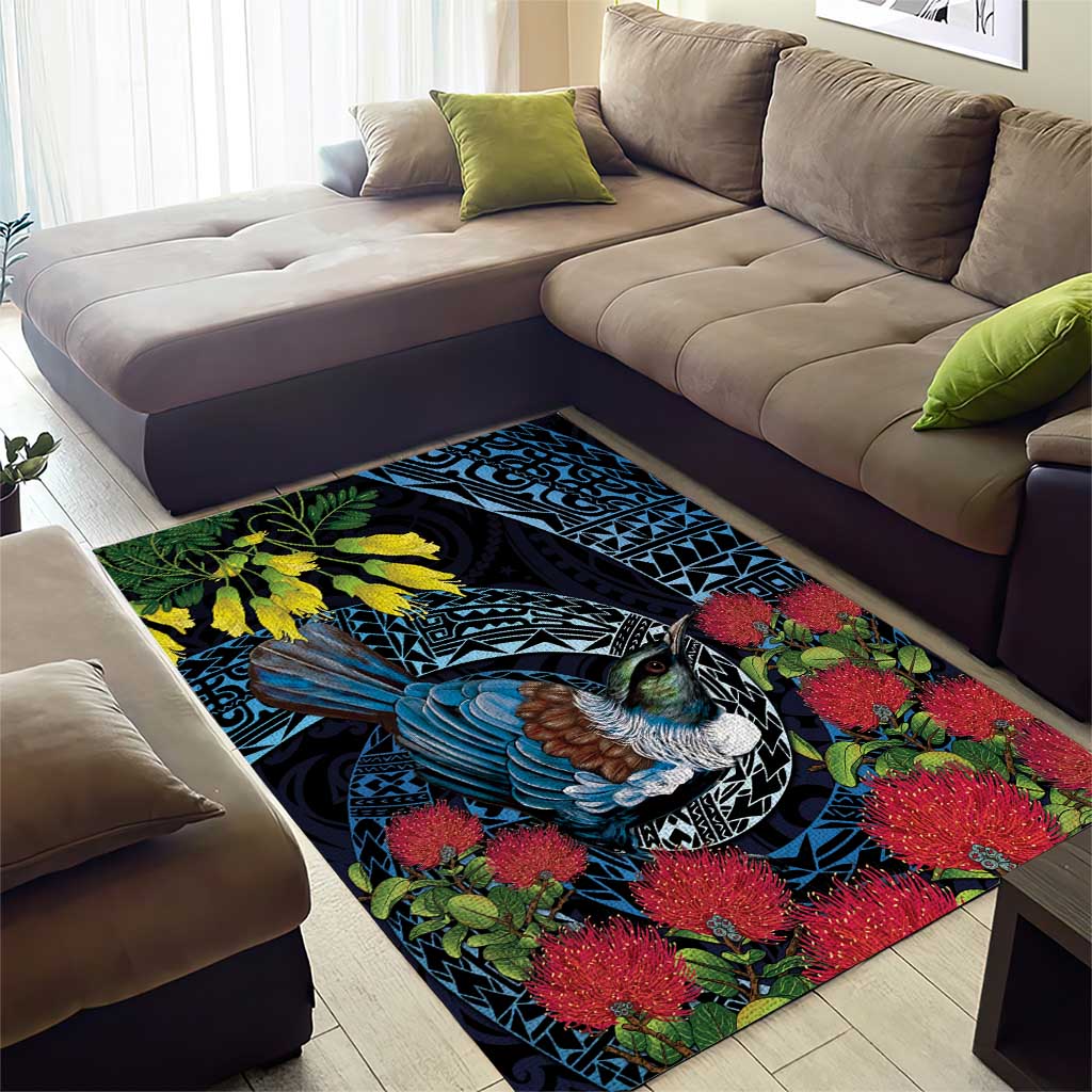 New Zealand Tui Bird Area Rug Maori Koru Mix Pohutukawa