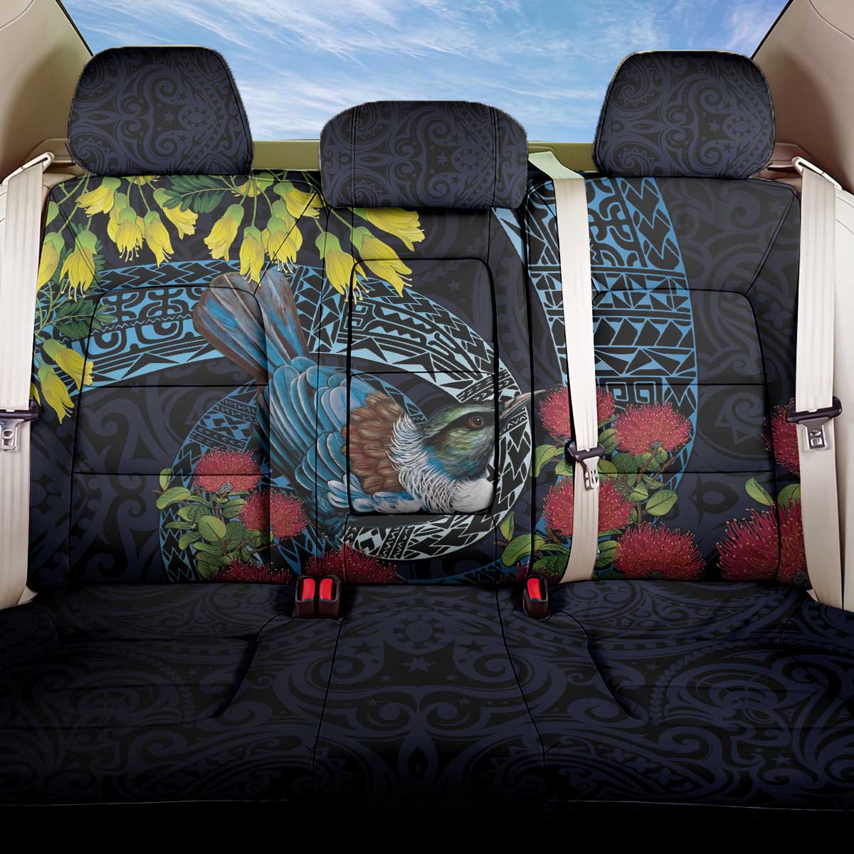 New Zealand Tui Bird Back Car Seat Cover Maori Koru Mix Pohutukawa