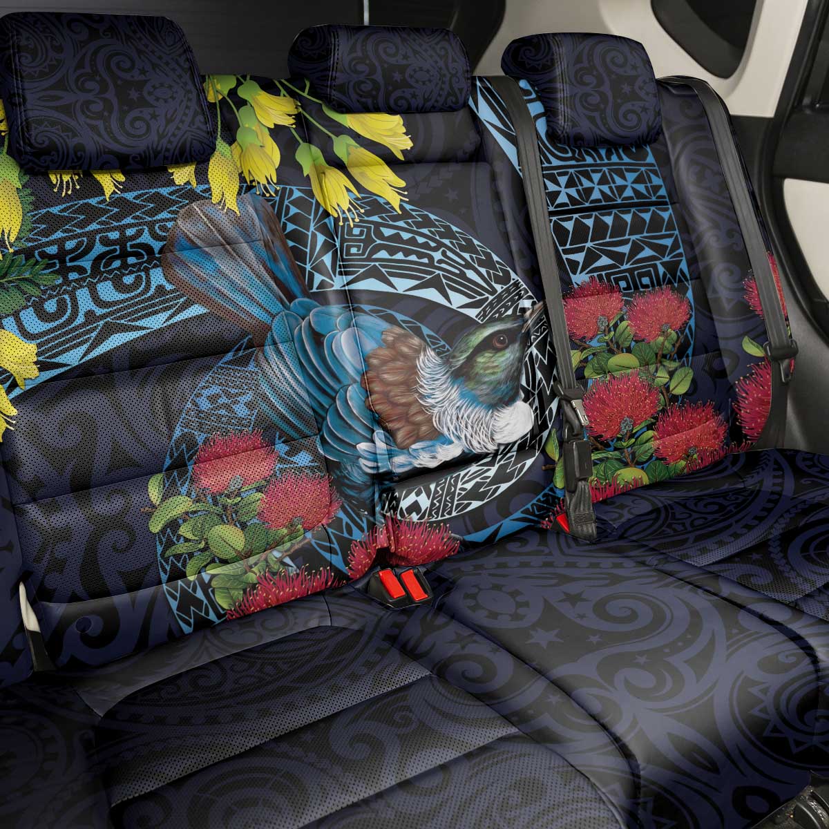 New Zealand Tui Bird Back Car Seat Cover Maori Koru Mix Pohutukawa