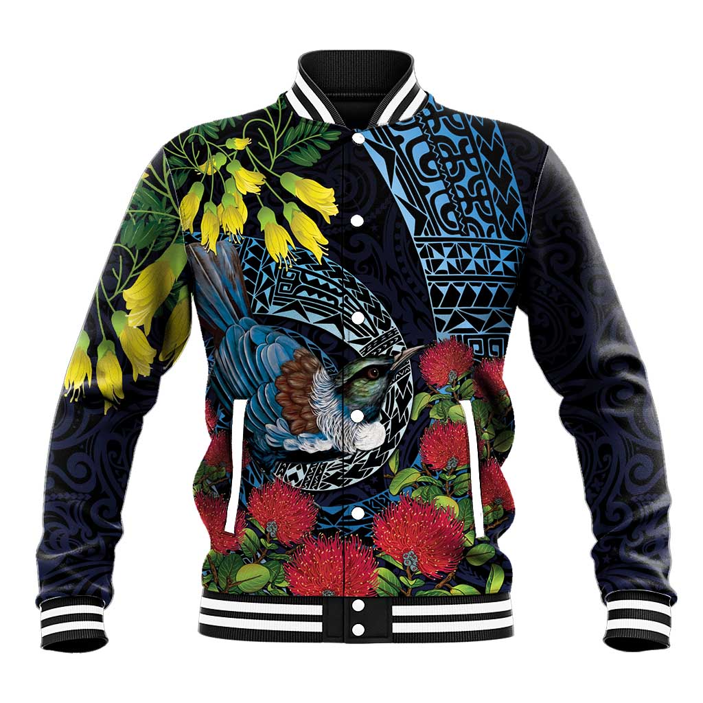 New Zealand Tui Bird Baseball Jacket Maori Koru Mix Pohutukawa