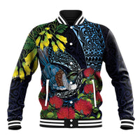 New Zealand Tui Bird Baseball Jacket Maori Koru Mix Pohutukawa