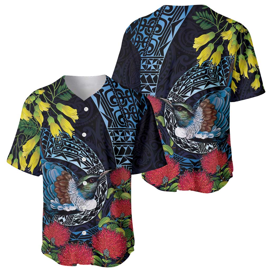 New Zealand Tui Bird Baseball Jersey Maori Koru Mix Pohutukawa