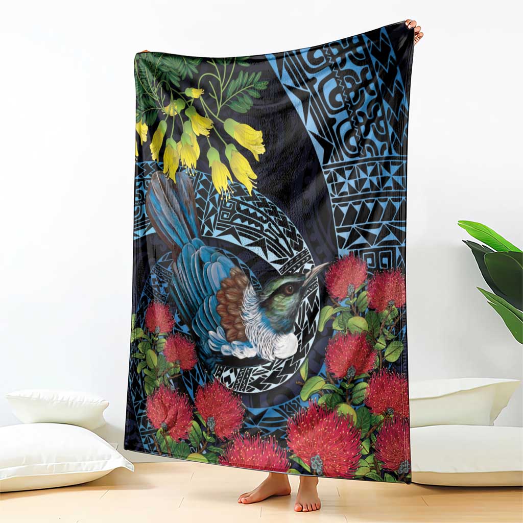 New Zealand Tui Bird Blanket Maori Koru Mix Pohutukawa