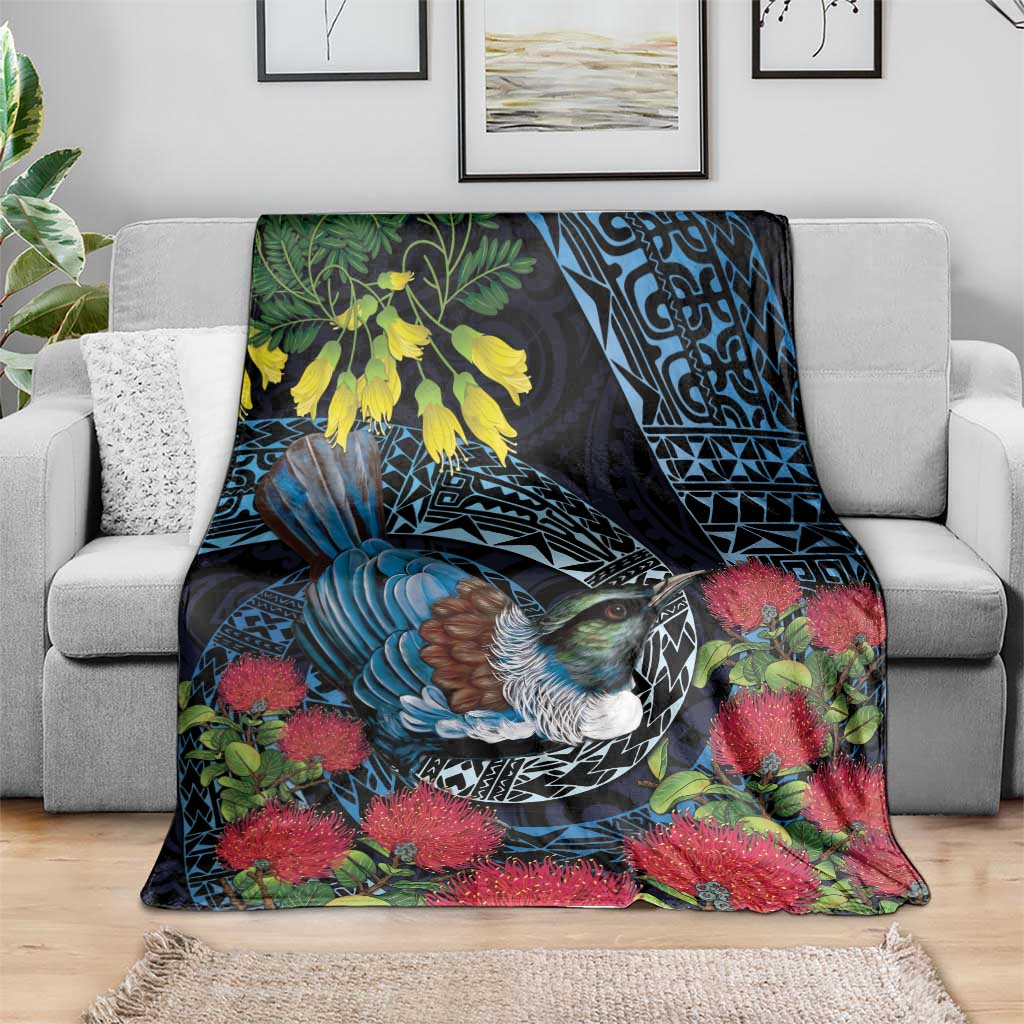 New Zealand Tui Bird Blanket Maori Koru Mix Pohutukawa