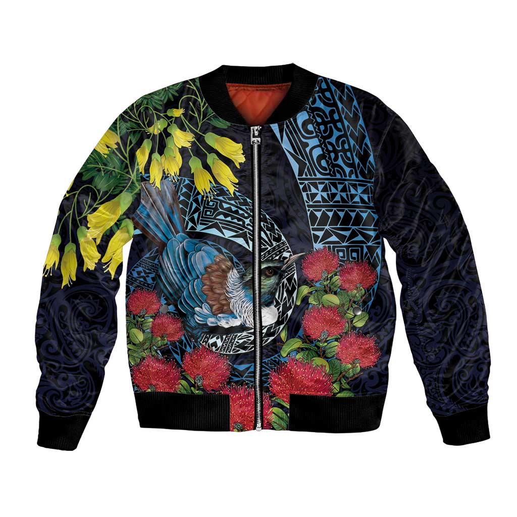 New Zealand Tui Bird Bomber Jacket Maori Koru Mix Pohutukawa