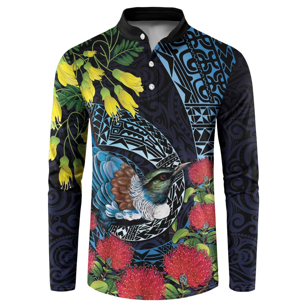 New Zealand Tui Bird Button Sweatshirt Maori Koru Mix Pohutukawa
