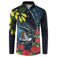 New Zealand Tui Bird Button Sweatshirt Maori Koru Mix Pohutukawa