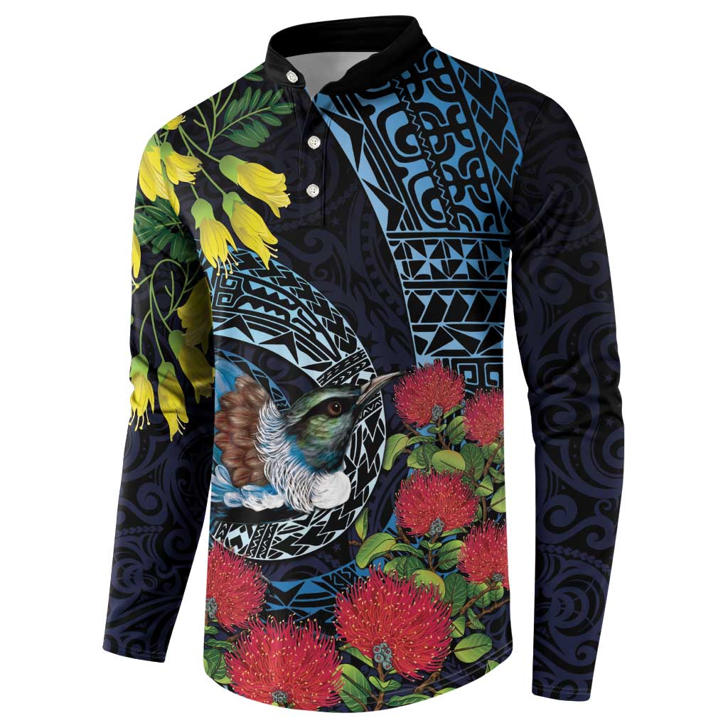 New Zealand Tui Bird Button Sweatshirt Maori Koru Mix Pohutukawa