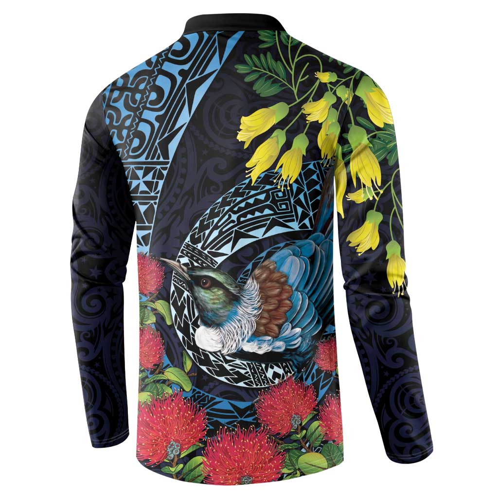 New Zealand Tui Bird Button Sweatshirt Maori Koru Mix Pohutukawa
