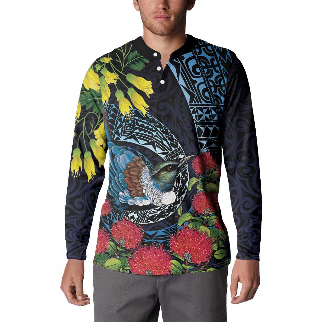 New Zealand Tui Bird Button Sweatshirt Maori Koru Mix Pohutukawa