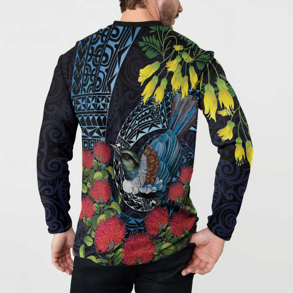 New Zealand Tui Bird Button Sweatshirt Maori Koru Mix Pohutukawa