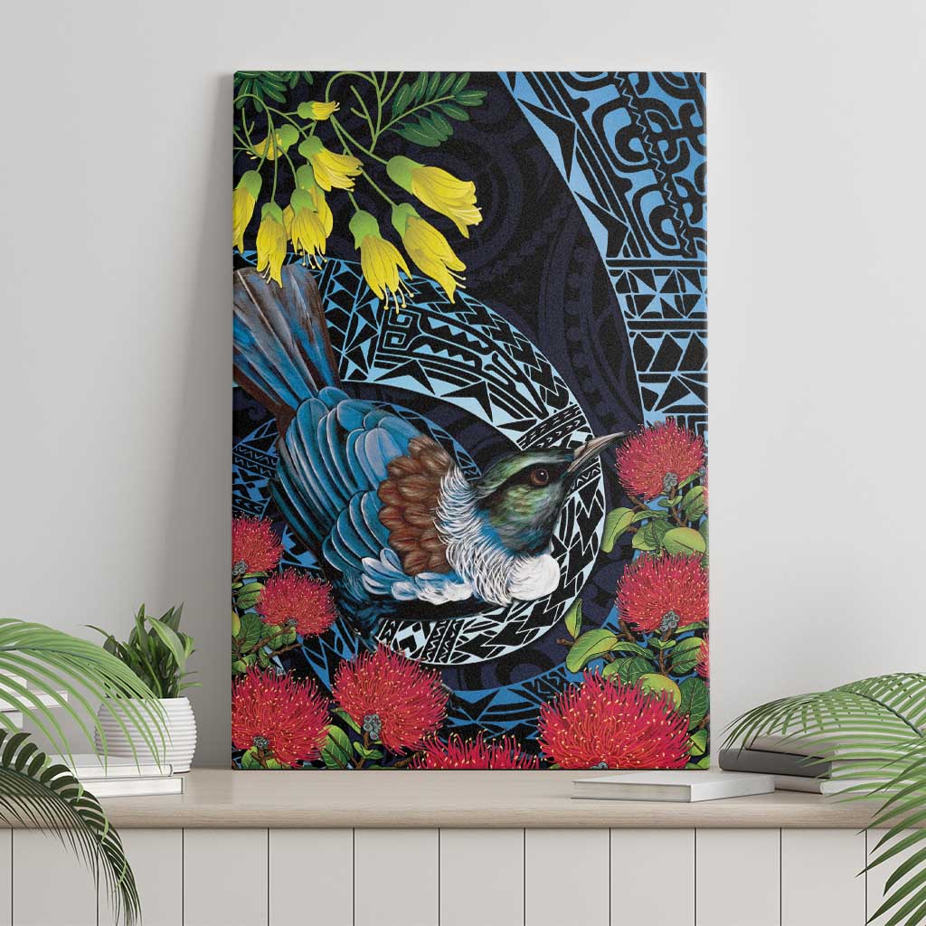 New Zealand Tui Bird Canvas Wall Art Maori Koru Mix Pohutukawa