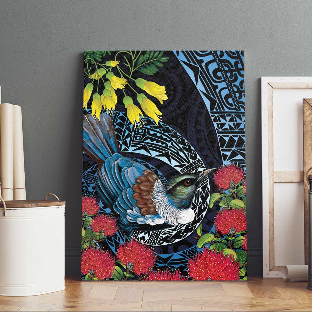 New Zealand Tui Bird Canvas Wall Art Maori Koru Mix Pohutukawa