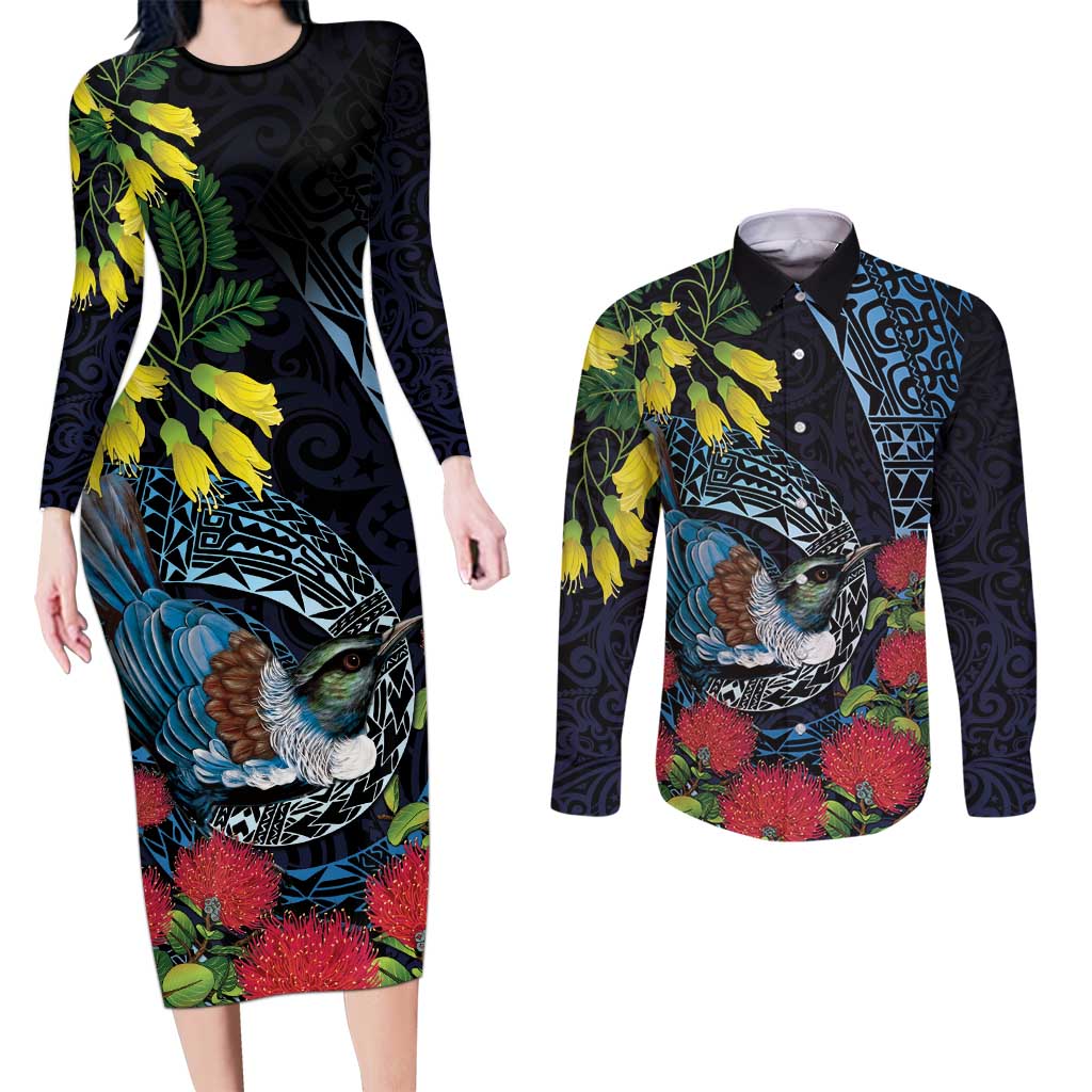 New Zealand Tui Bird Couples Matching Long Sleeve Bodycon Dress and Long Sleeve Button Shirt Maori Koru Mix Pohutukawa