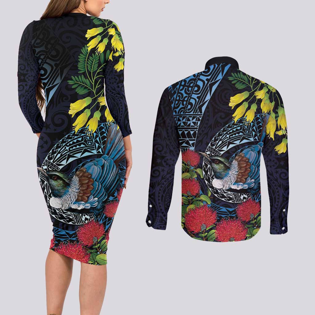 New Zealand Tui Bird Couples Matching Long Sleeve Bodycon Dress and Long Sleeve Button Shirt Maori Koru Mix Pohutukawa
