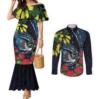 New Zealand Tui Bird Couples Matching Mermaid Dress and Long Sleeve Button Shirt Maori Koru Mix Pohutukawa