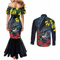 New Zealand Tui Bird Couples Matching Mermaid Dress and Long Sleeve Button Shirt Maori Koru Mix Pohutukawa