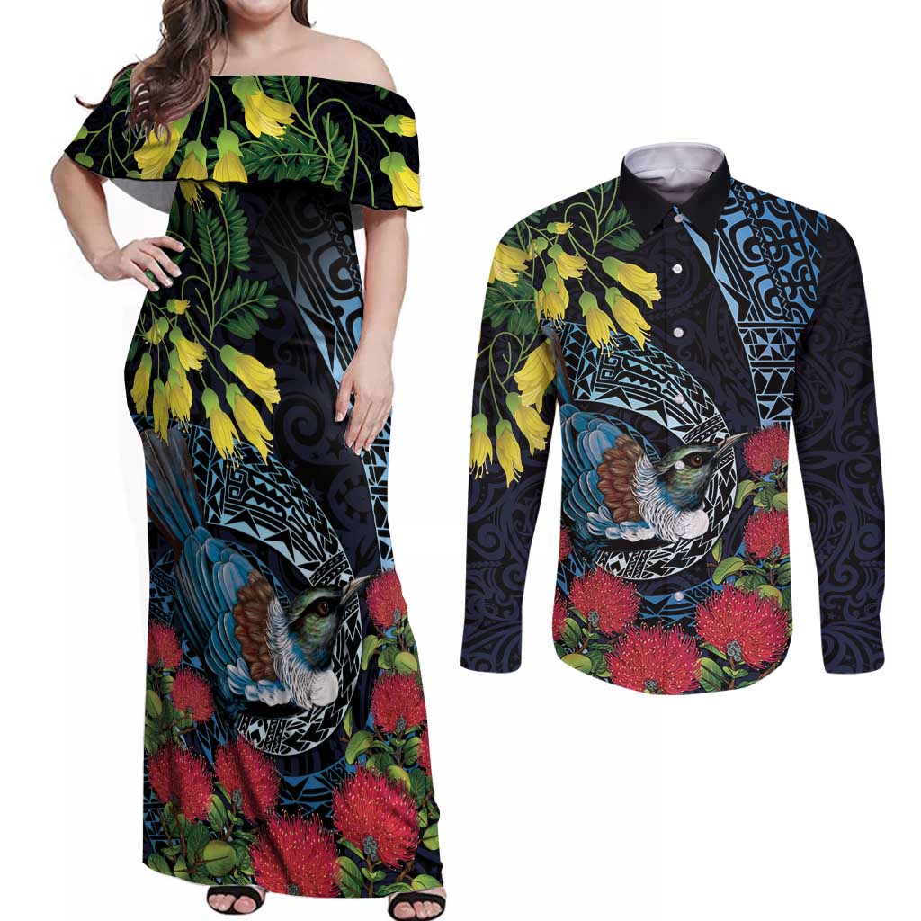 New Zealand Tui Bird Couples Matching Off Shoulder Maxi Dress and Long Sleeve Button Shirt Maori Koru Mix Pohutukawa