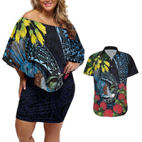 New Zealand Tui Bird Couples Matching Off Shoulder Short Dress and Hawaiian Shirt Maori Koru Mix Pohutukawa