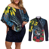 New Zealand Tui Bird Couples Matching Off Shoulder Short Dress and Long Sleeve Button Shirt Maori Koru Mix Pohutukawa