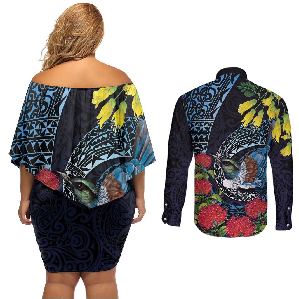 New Zealand Tui Bird Couples Matching Off Shoulder Short Dress and Long Sleeve Button Shirt Maori Koru Mix Pohutukawa