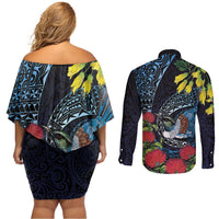New Zealand Tui Bird Couples Matching Off Shoulder Short Dress and Long Sleeve Button Shirt Maori Koru Mix Pohutukawa