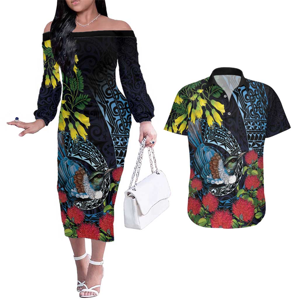 New Zealand Tui Bird Couples Matching Off The Shoulder Long Sleeve Dress and Hawaiian Shirt Maori Koru Mix Pohutukawa