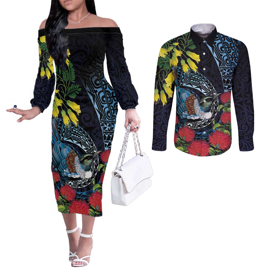 New Zealand Tui Bird Couples Matching Off The Shoulder Long Sleeve Dress and Long Sleeve Button Shirt Maori Koru Mix Pohutukawa