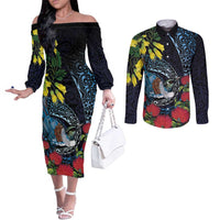New Zealand Tui Bird Couples Matching Off The Shoulder Long Sleeve Dress and Long Sleeve Button Shirt Maori Koru Mix Pohutukawa