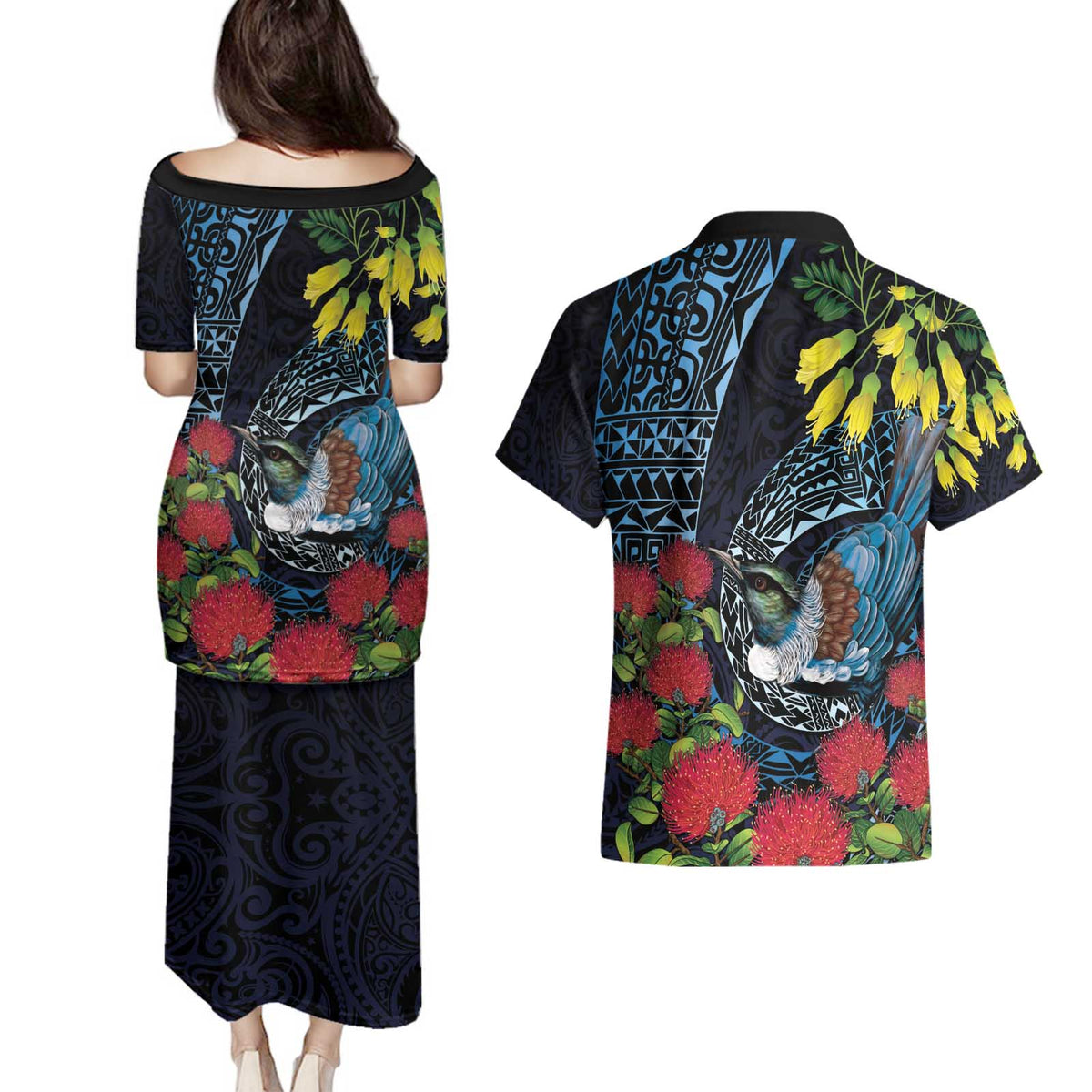 New Zealand Tui Bird Couples Matching Puletasi and Hawaiian Shirt Maori Koru Mix Pohutukawa