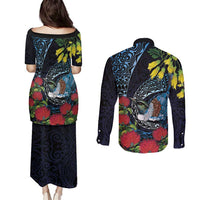 New Zealand Tui Bird Couples Matching Puletasi and Long Sleeve Button Shirt Maori Koru Mix Pohutukawa