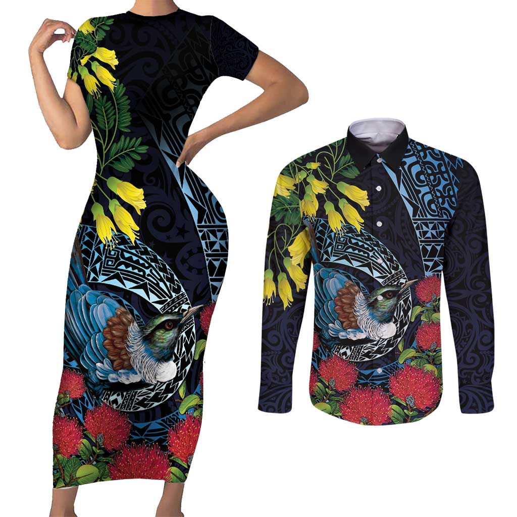 New Zealand Tui Bird Couples Matching Short Sleeve Bodycon Dress and Long Sleeve Button Shirt Maori Koru Mix Pohutukawa