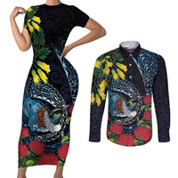 New Zealand Tui Bird Couples Matching Short Sleeve Bodycon Dress and Long Sleeve Button Shirt Maori Koru Mix Pohutukawa