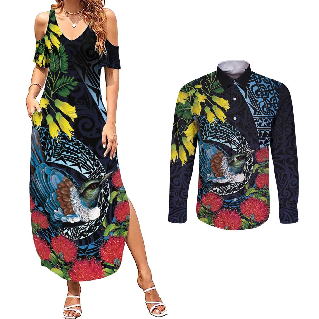 New Zealand Tui Bird Couples Matching Summer Maxi Dress and Long Sleeve Button Shirt Maori Koru Mix Pohutukawa