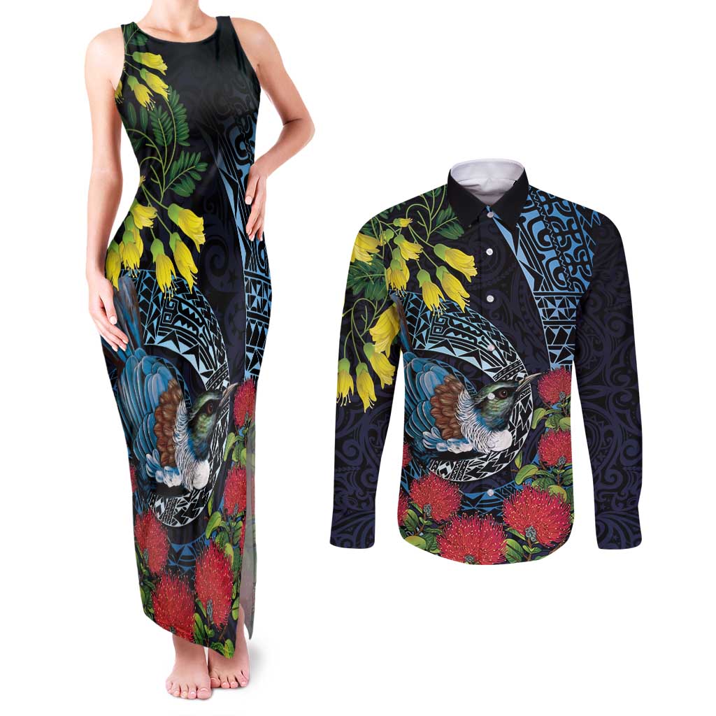 New Zealand Tui Bird Couples Matching Tank Maxi Dress and Long Sleeve Button Shirt Maori Koru Mix Pohutukawa