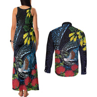 New Zealand Tui Bird Couples Matching Tank Maxi Dress and Long Sleeve Button Shirt Maori Koru Mix Pohutukawa