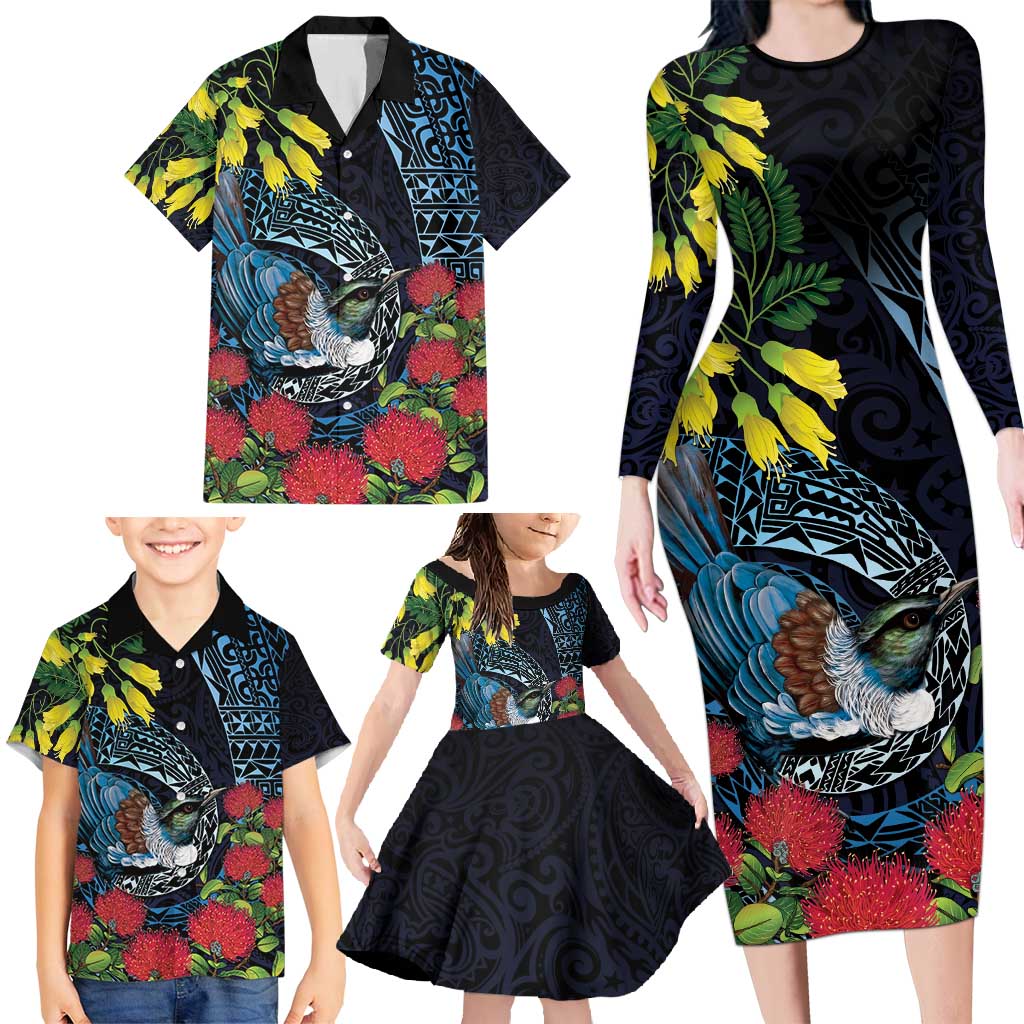 New Zealand Tui Bird Family Matching Long Sleeve Bodycon Dress and Hawaiian Shirt Maori Koru Mix Pohutukawa