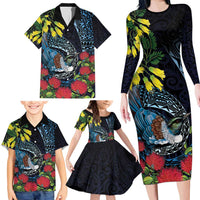 New Zealand Tui Bird Family Matching Long Sleeve Bodycon Dress and Hawaiian Shirt Maori Koru Mix Pohutukawa