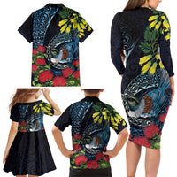 New Zealand Tui Bird Family Matching Long Sleeve Bodycon Dress and Hawaiian Shirt Maori Koru Mix Pohutukawa