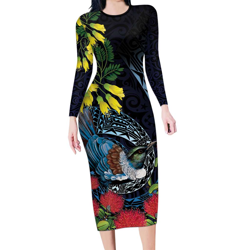 New Zealand Tui Bird Family Matching Long Sleeve Bodycon Dress and Hawaiian Shirt Maori Koru Mix Pohutukawa