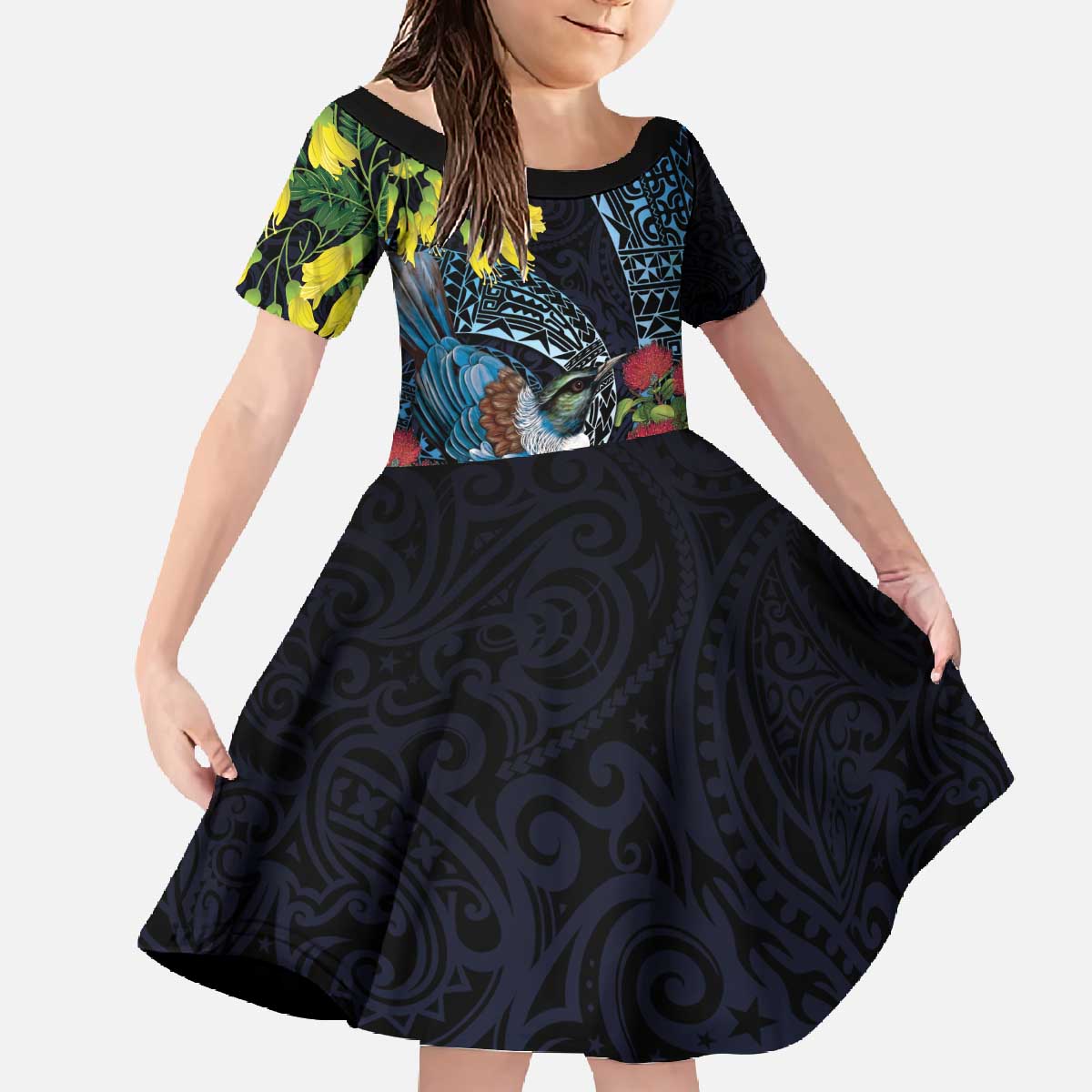 New Zealand Tui Bird Family Matching Off The Shoulder Long Sleeve Dress and Hawaiian Shirt Maori Koru Mix Pohutukawa