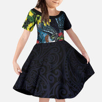 New Zealand Tui Bird Family Matching Off The Shoulder Long Sleeve Dress and Hawaiian Shirt Maori Koru Mix Pohutukawa
