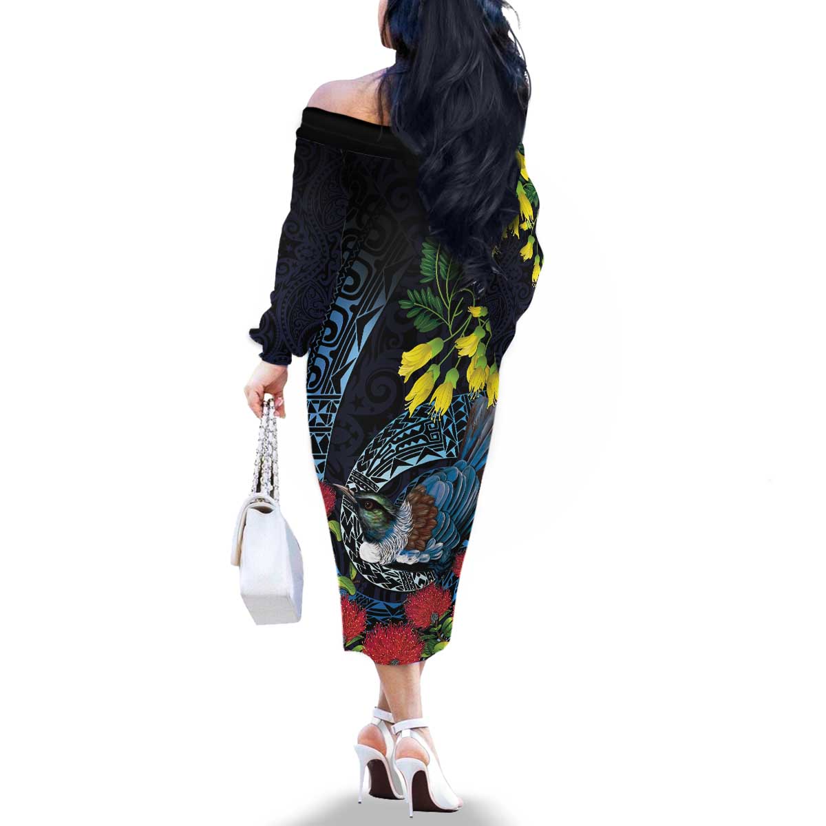 New Zealand Tui Bird Family Matching Off The Shoulder Long Sleeve Dress and Hawaiian Shirt Maori Koru Mix Pohutukawa