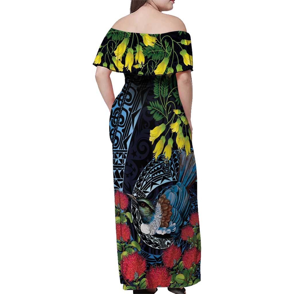 New Zealand Tui Bird Family Matching Off Shoulder Maxi Dress and Hawaiian Shirt Maori Koru Mix Pohutukawa