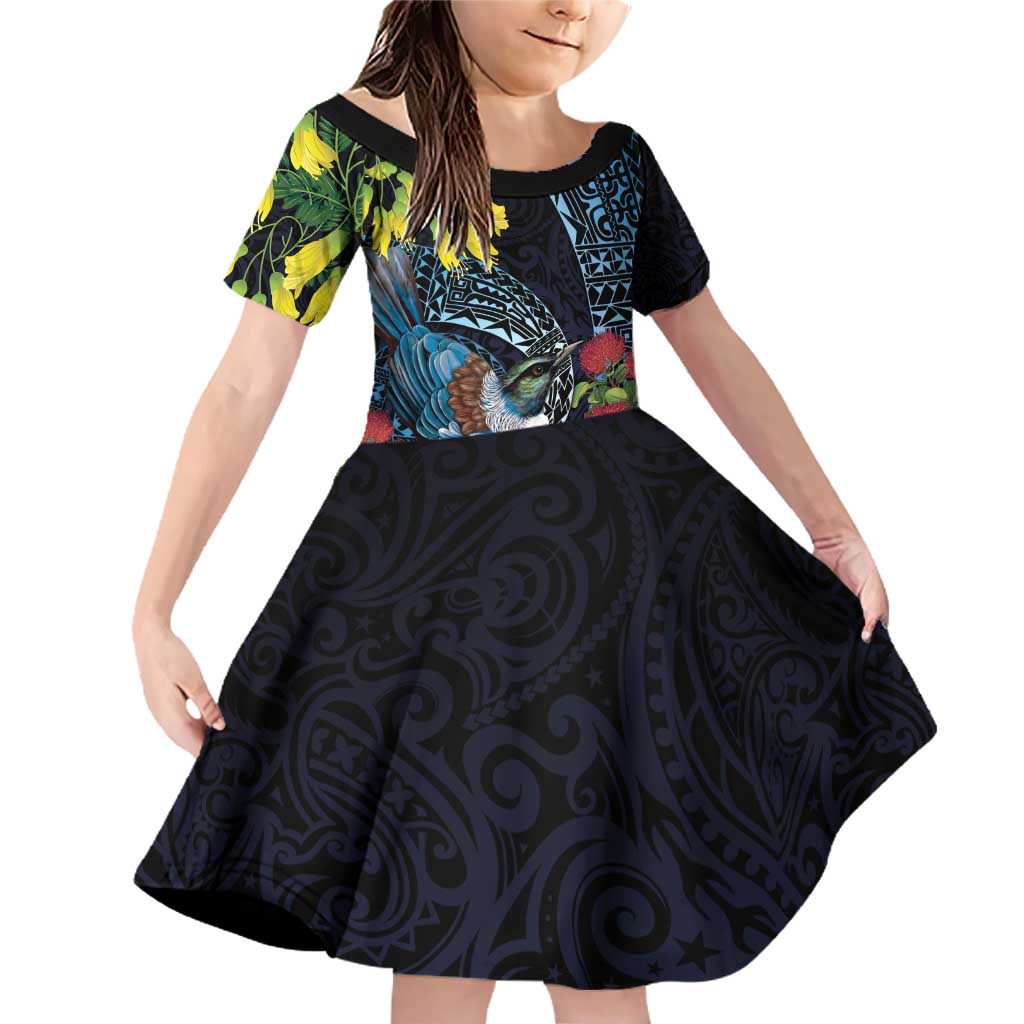 New Zealand Tui Bird Family Matching Off Shoulder Short Dress and Hawaiian Shirt Maori Koru Mix Pohutukawa