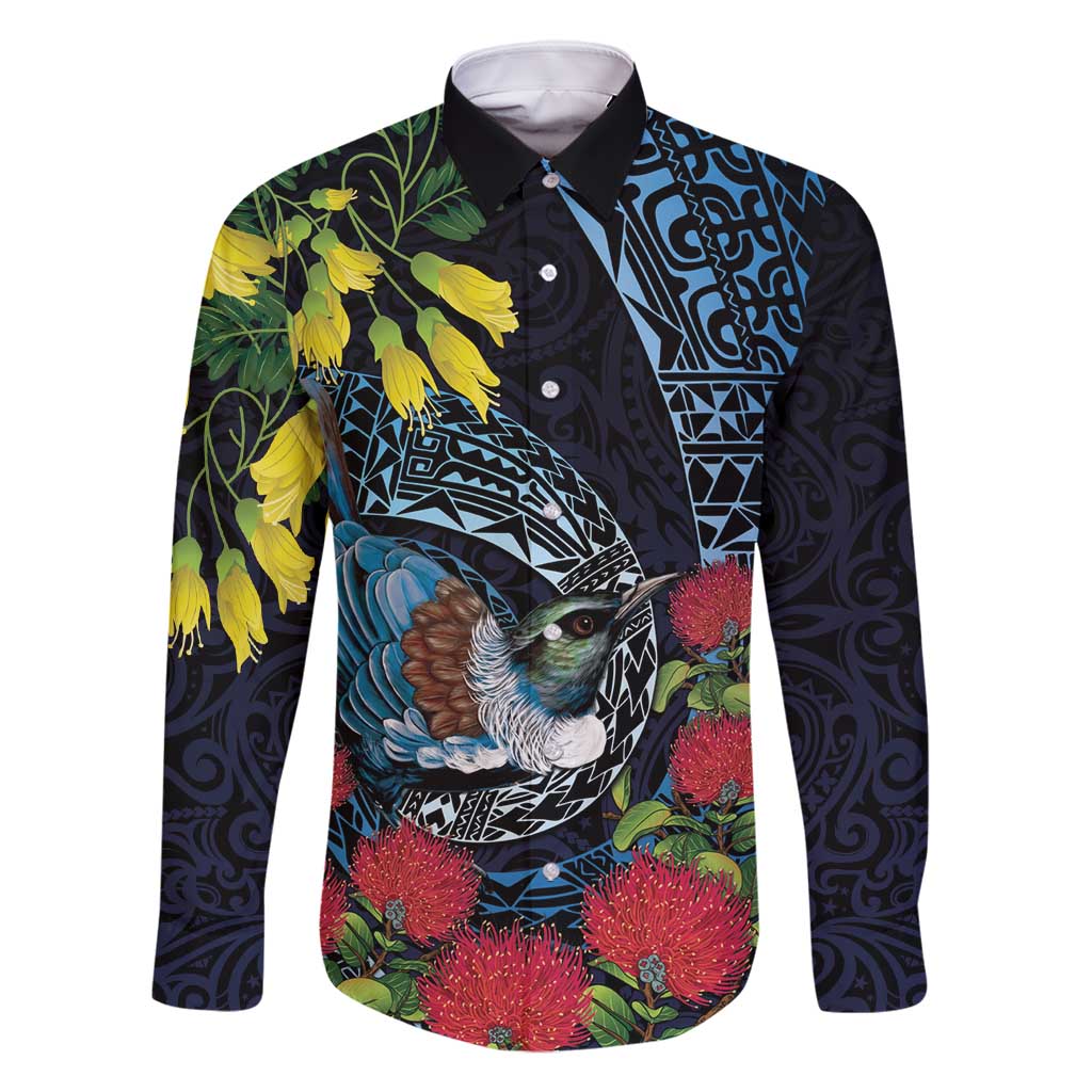 New Zealand Tui Bird Family Matching Off Shoulder Short Dress and Hawaiian Shirt Maori Koru Mix Pohutukawa