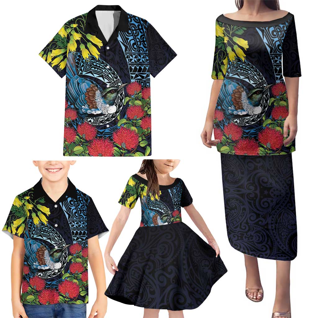New Zealand Tui Bird Family Matching Puletasi and Hawaiian Shirt Maori Koru Mix Pohutukawa