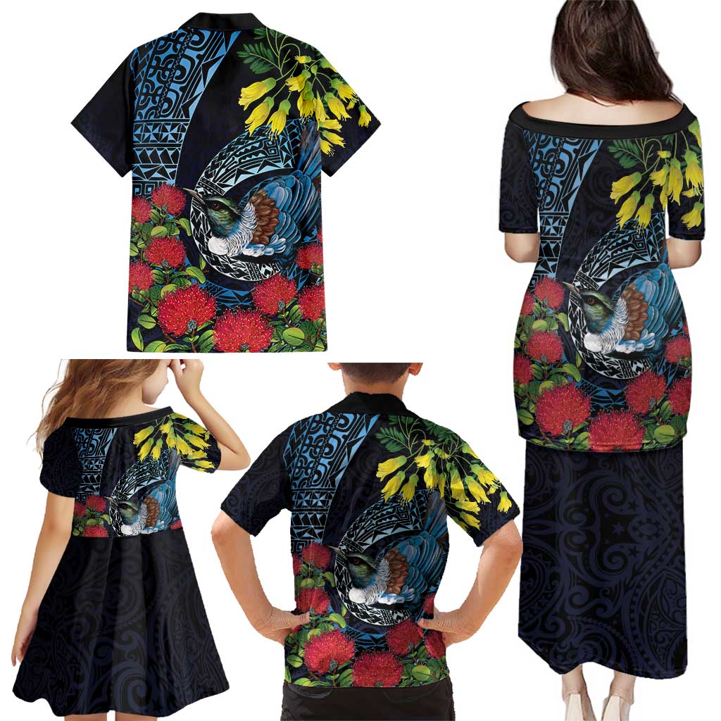 New Zealand Tui Bird Family Matching Puletasi and Hawaiian Shirt Maori Koru Mix Pohutukawa
