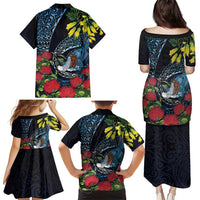 New Zealand Tui Bird Family Matching Puletasi and Hawaiian Shirt Maori Koru Mix Pohutukawa