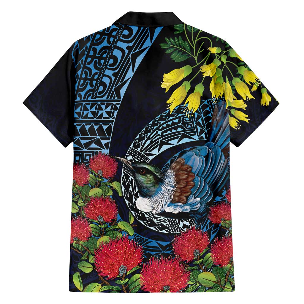 New Zealand Tui Bird Family Matching Puletasi and Hawaiian Shirt Maori Koru Mix Pohutukawa